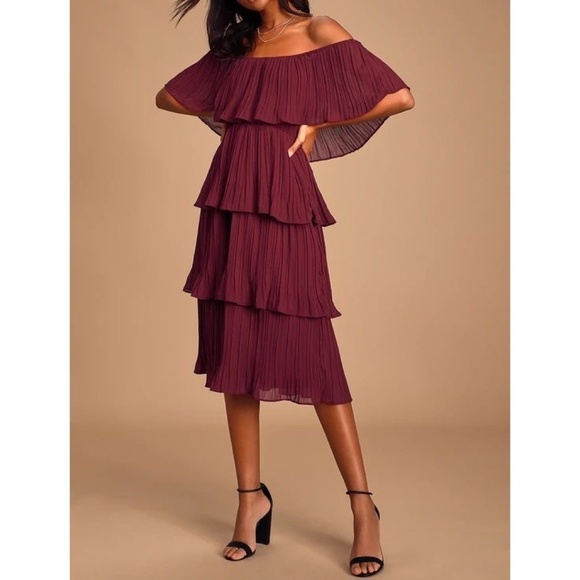 entro Dresses & Skirts - Entro Gala Pleated Off The Shoulder Ruffle Midi Dress Wine Red